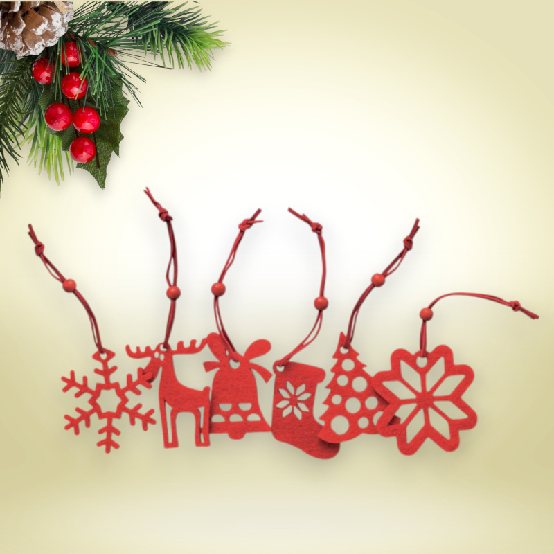 6 db piros filc karácsonyfadísz